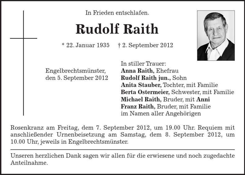 Traueranzeige Rudolf Raith