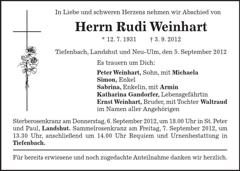 Traueranzeige Rudi Weinhart