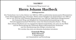 Traueranzeige Johann Haslbeck