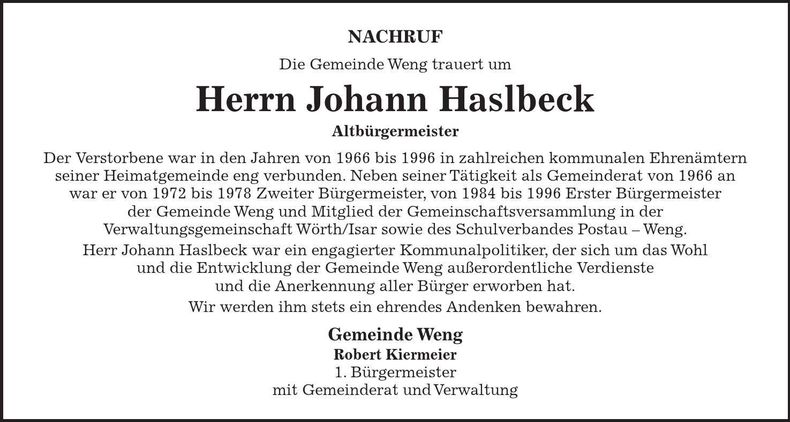 Traueranzeige Johann Haslbeck