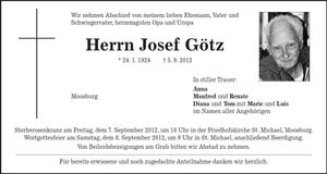 Traueranzeige Josef Götz