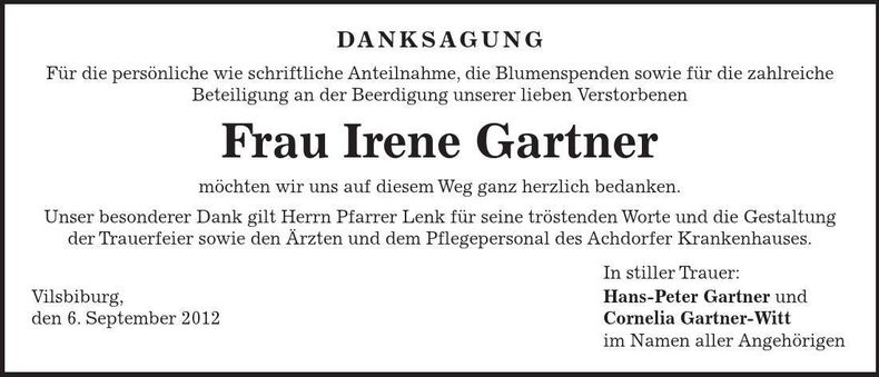 Traueranzeige Irene Gartner