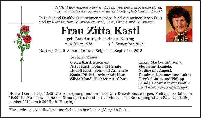 Traueranzeige Zitta Kastl
