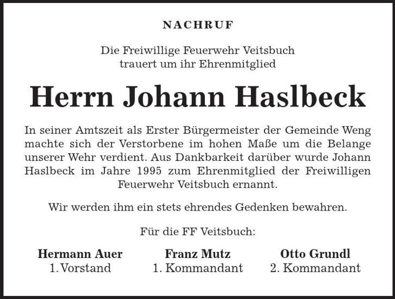 Traueranzeige Johann Haslbeck