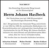Traueranzeige Johann Haslbeck