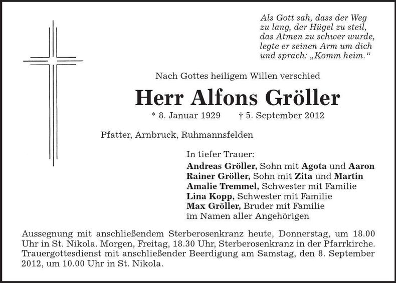 Traueranzeige Alfons Gröller