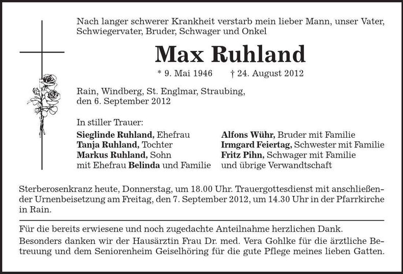 Traueranzeige Max Ruhland