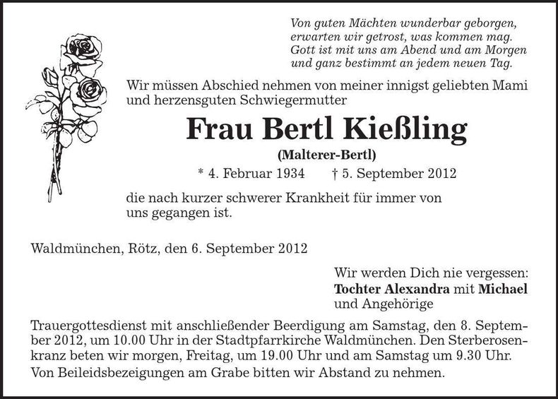 Traueranzeige Bertl Kießling