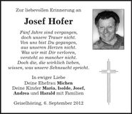 Traueranzeige Josef Hofer