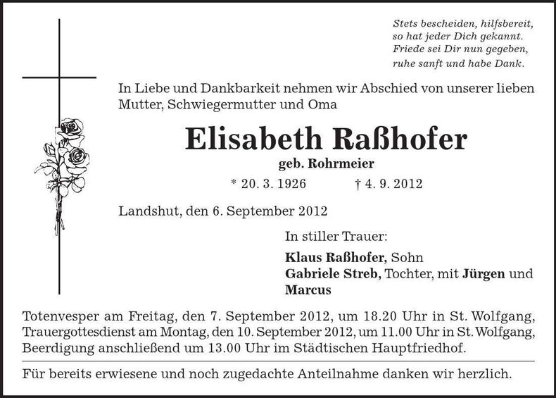 Traueranzeige Elisabeth Raßhofer