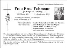 Traueranzeige Erna Felsmann