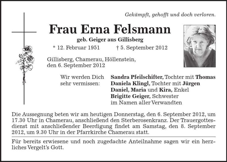Traueranzeige Erna Felsmann