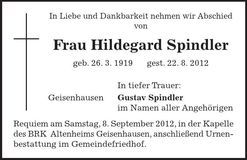 Traueranzeige Hildegard Spindler