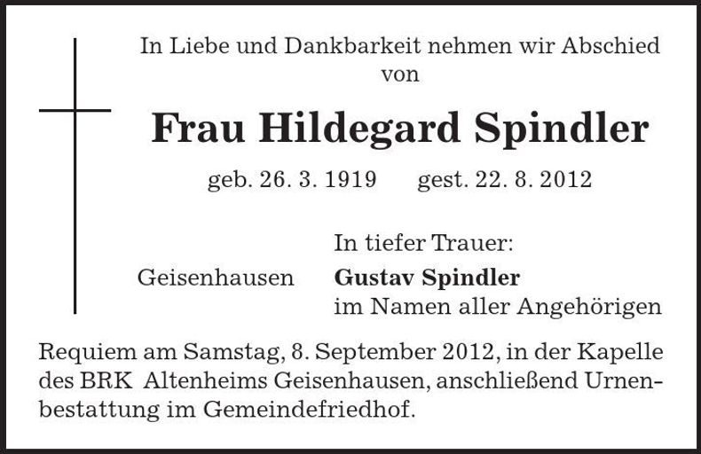 Traueranzeige Hildegard Spindler