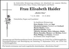 Traueranzeige Elisabeth Haider