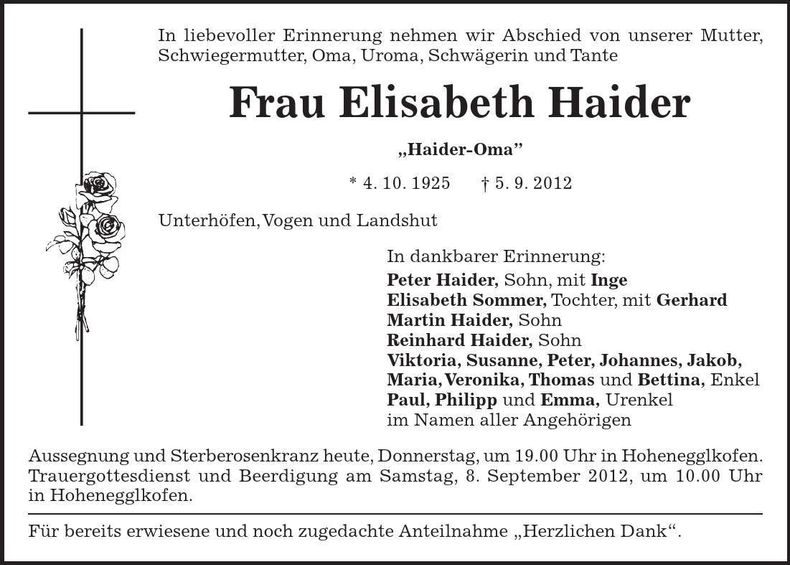 Traueranzeige Elisabeth Haider