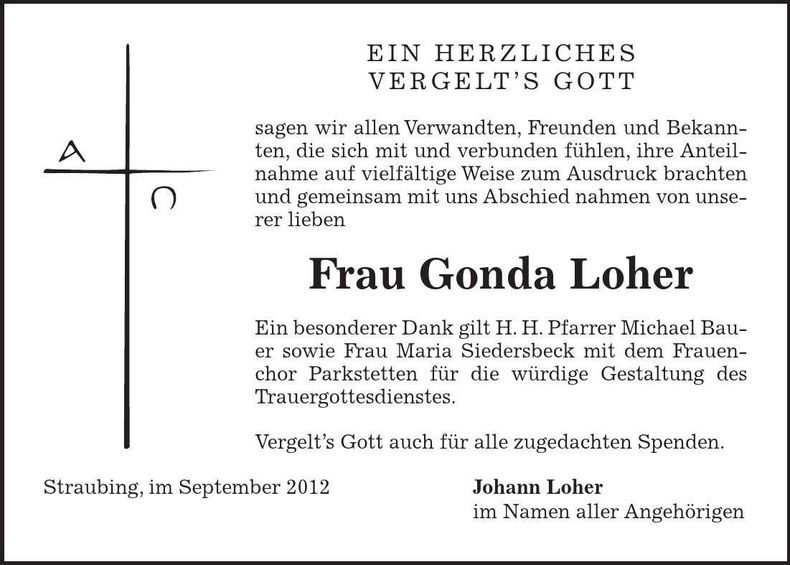 Traueranzeige Gonda Loher