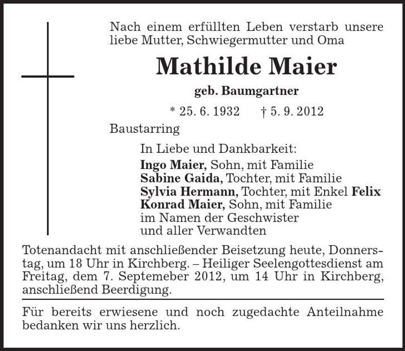 Traueranzeige Mathilde Maier