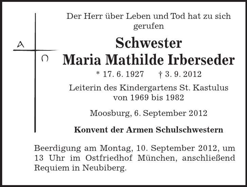 Traueranzeige Maria Mathilde Irberseder