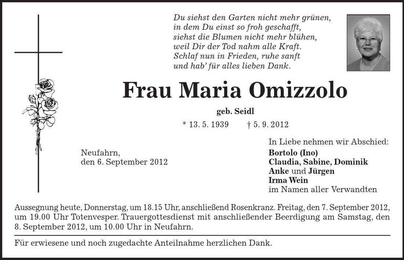 Traueranzeige Maria Omizzolo