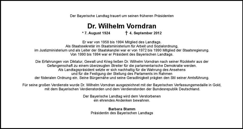 Traueranzeige Wilhelm Dr. Vorndran