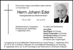 Traueranzeige Johann Eder