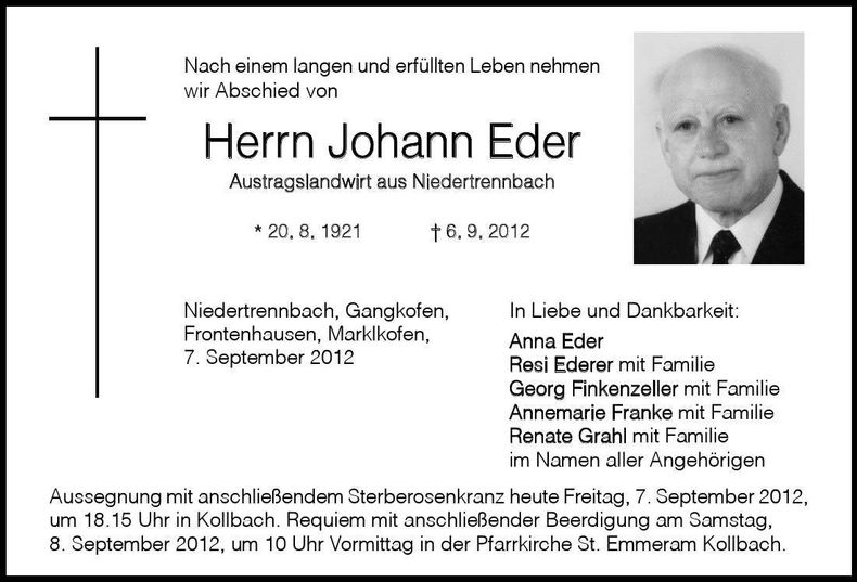 Traueranzeige Johann Eder