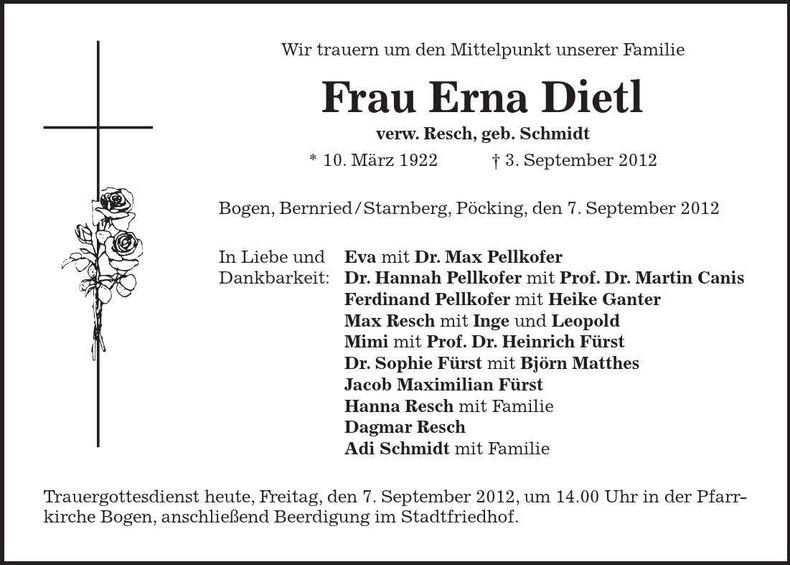 Traueranzeige Erna Dietl