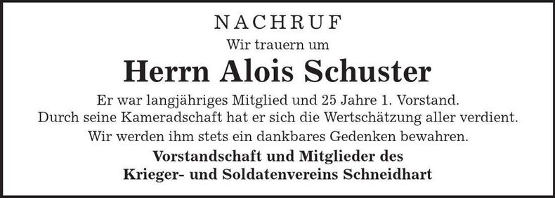 Traueranzeige Alois Schuster
