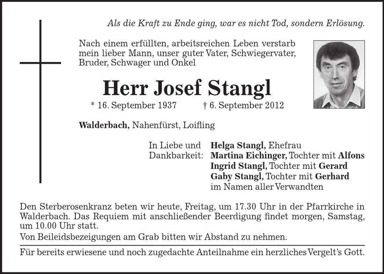 Traueranzeige Josef Stangl