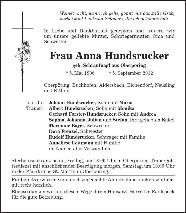 Traueranzeige Anna Hundsrucker