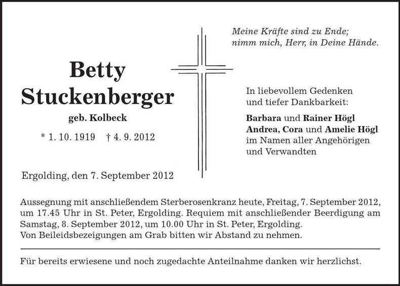 Traueranzeige Betty Stuckenberger