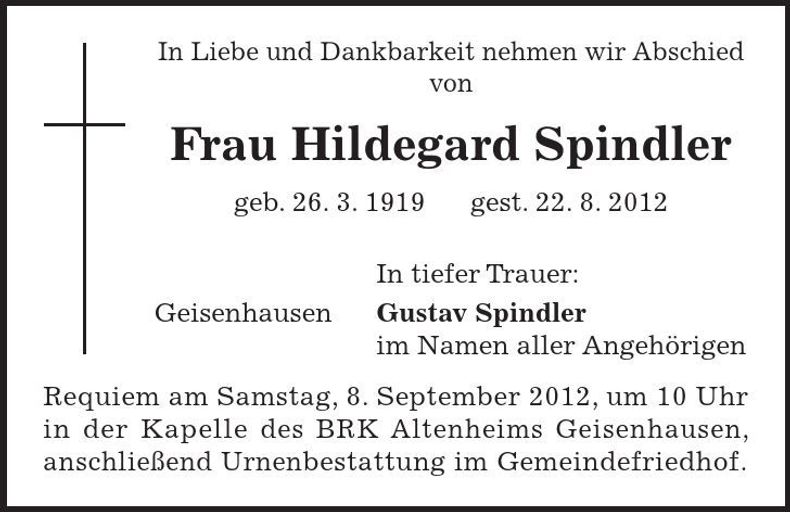 Traueranzeige Hildegard Spindler