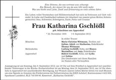 Traueranzeige Katharina Gschlößl