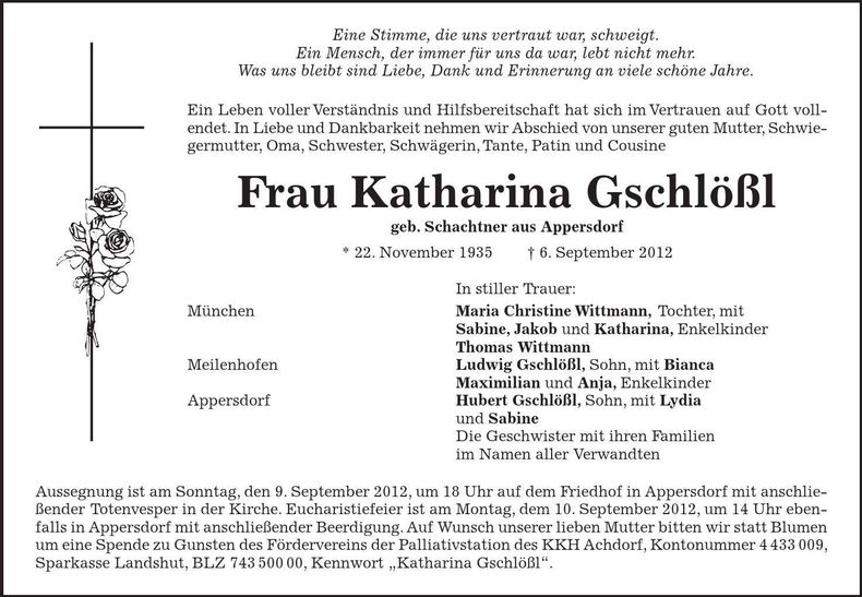 Traueranzeige Katharina Gschlößl