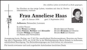 Traueranzeige Anneliese Haas