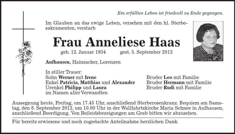 Traueranzeige Anneliese Haas