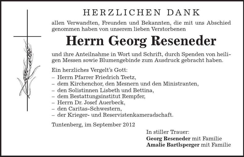 Traueranzeige Georg Reseneder