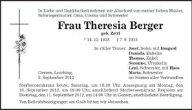 Traueranzeige Theresia Berger