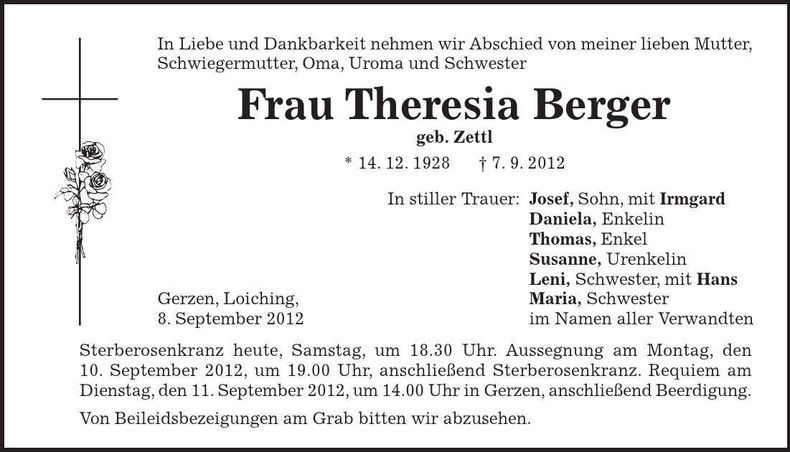 Traueranzeige Theresia Berger