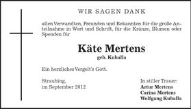 Traueranzeige Käte Mertens