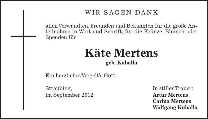 Traueranzeige Käte Mertens