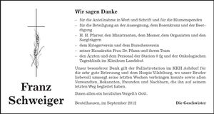 Traueranzeige Franz Schweiger