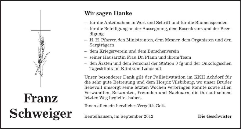 Traueranzeige Franz Schweiger