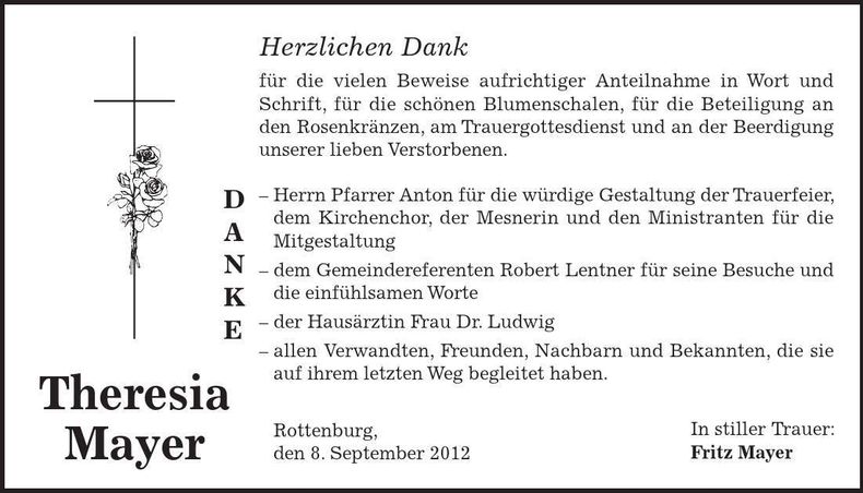 Traueranzeige Theresia Mayer