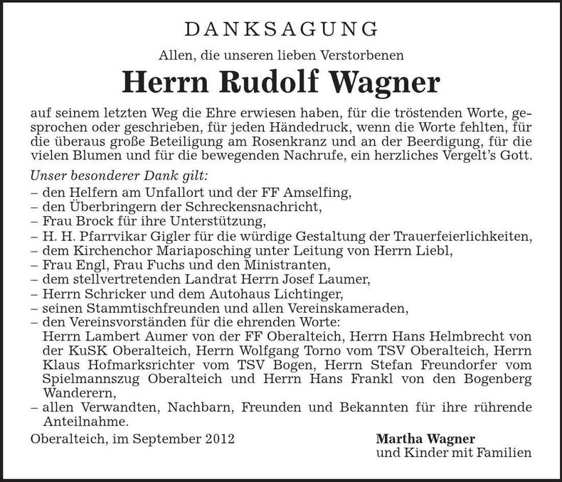 Traueranzeige Rudolf Wagner