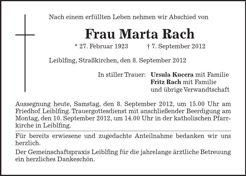 Traueranzeige Marta Rach