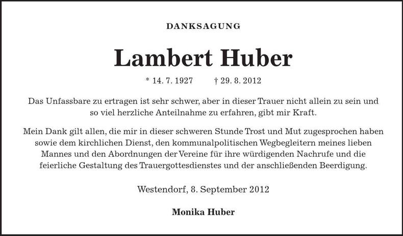 Traueranzeige Lambert Huber