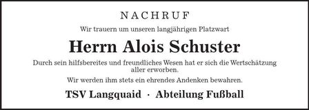 Traueranzeige Alois Schuster