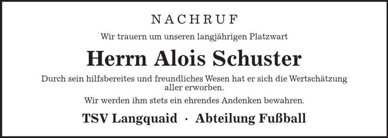 Traueranzeige Alois Schuster